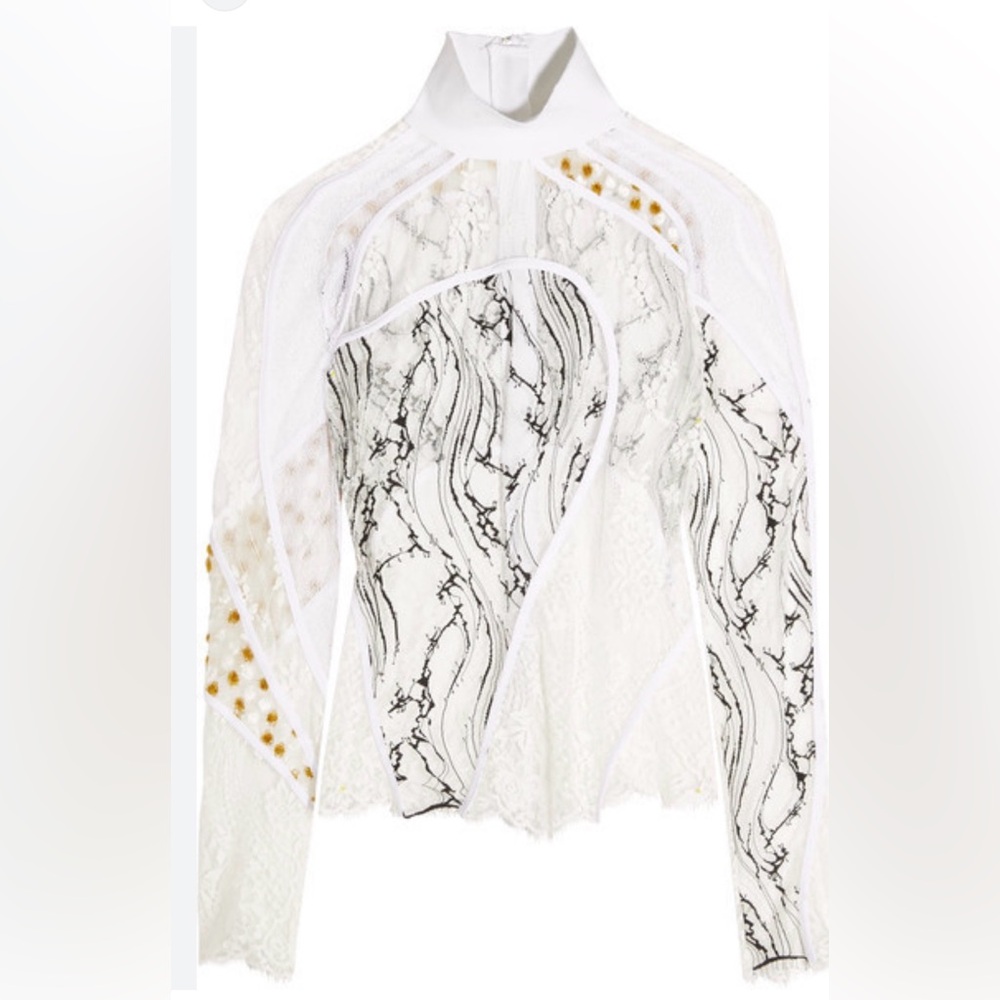 Carven Paneled Lace Mesh Turtleneck Top